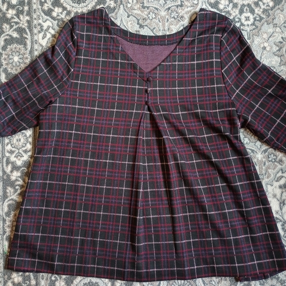 J Jill Ponte Knit Top XL Plaid Pleated Buttons Swing Red Black Academia - Picture 4 of 14
